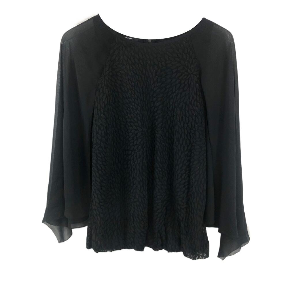 Alfani Women’s Black Open Flare Long Sleeve Graphic Oval Print Blouse Size M